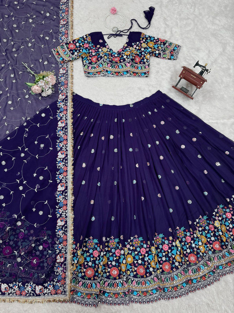 Dark Purple Elegant Faux Georgette Lehenga Choli with Thread and Sequin Work ClothsVilla