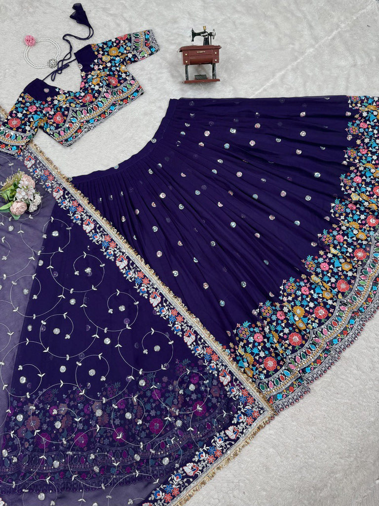 Dark Purple Elegant Faux Georgette Lehenga Choli with Thread and Sequin Work ClothsVilla