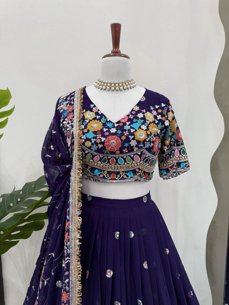 Dark Purple Elegant Faux Georgette Lehenga Choli with Thread and Sequin Work ClothsVilla