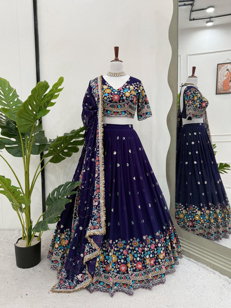 Dark Purple Elegant Faux Georgette Lehenga Choli with Thread and Sequin Work ClothsVilla
