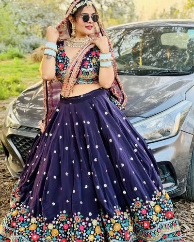 Dark Purple Elegant Faux Georgette Lehenga Choli with Thread and Sequin Work ClothsVilla