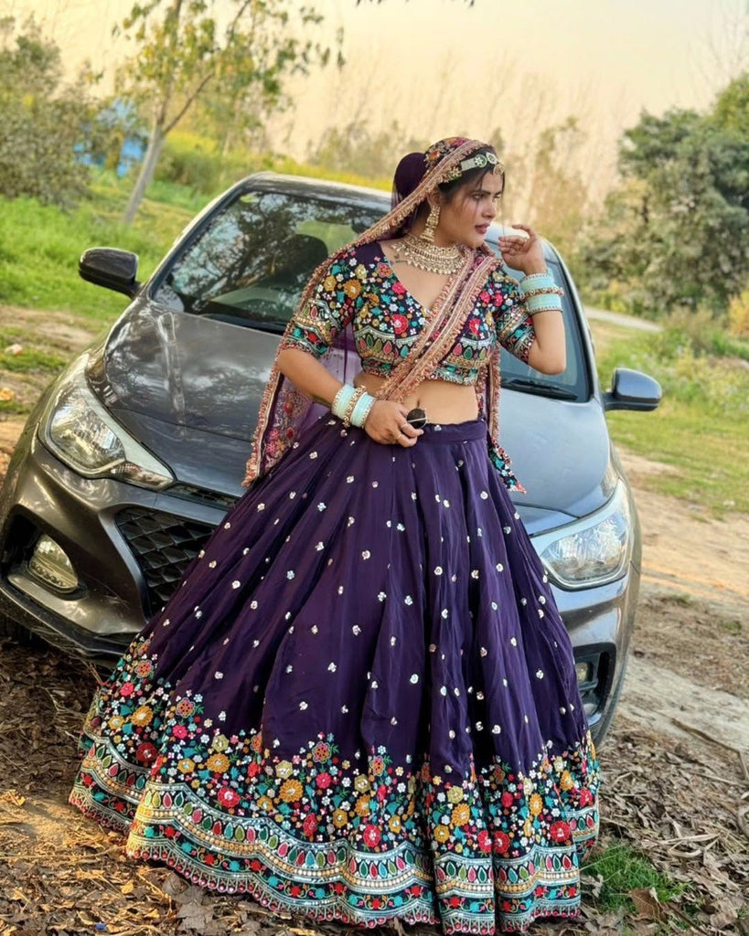 Dark Purple Elegant Faux Georgette Lehenga Choli with Thread and Sequin Work ClothsVilla