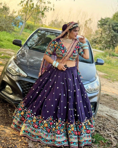 Dark Purple Elegant Faux Georgette Lehenga Choli with Thread and Sequin Work ClothsVilla