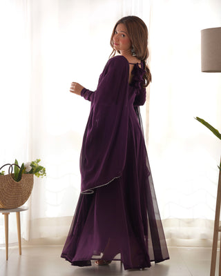 Dark Purple Elegant Georgette Anarkali Gown Set with Dupatta & Pants - Ready to Wear