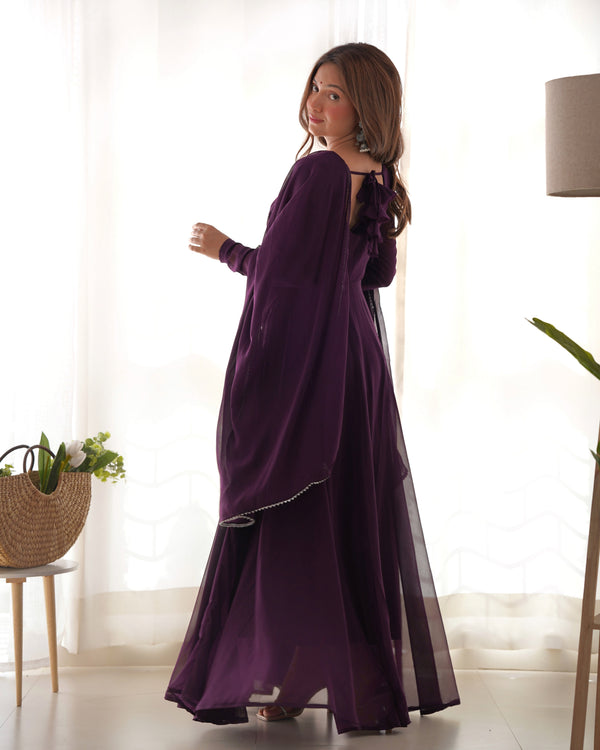 Dark Purple Elegant Georgette Anarkali Gown Set with Dupatta & Pants - Ready to Wear