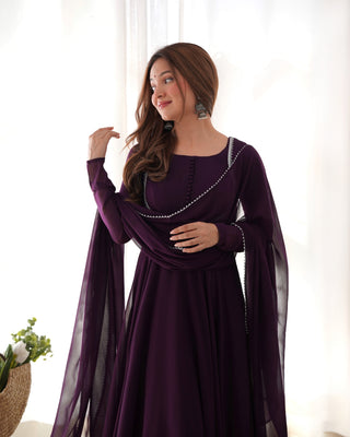 Dark Purple Elegant Georgette Anarkali Gown Set with Dupatta & Pants - Ready to Wear