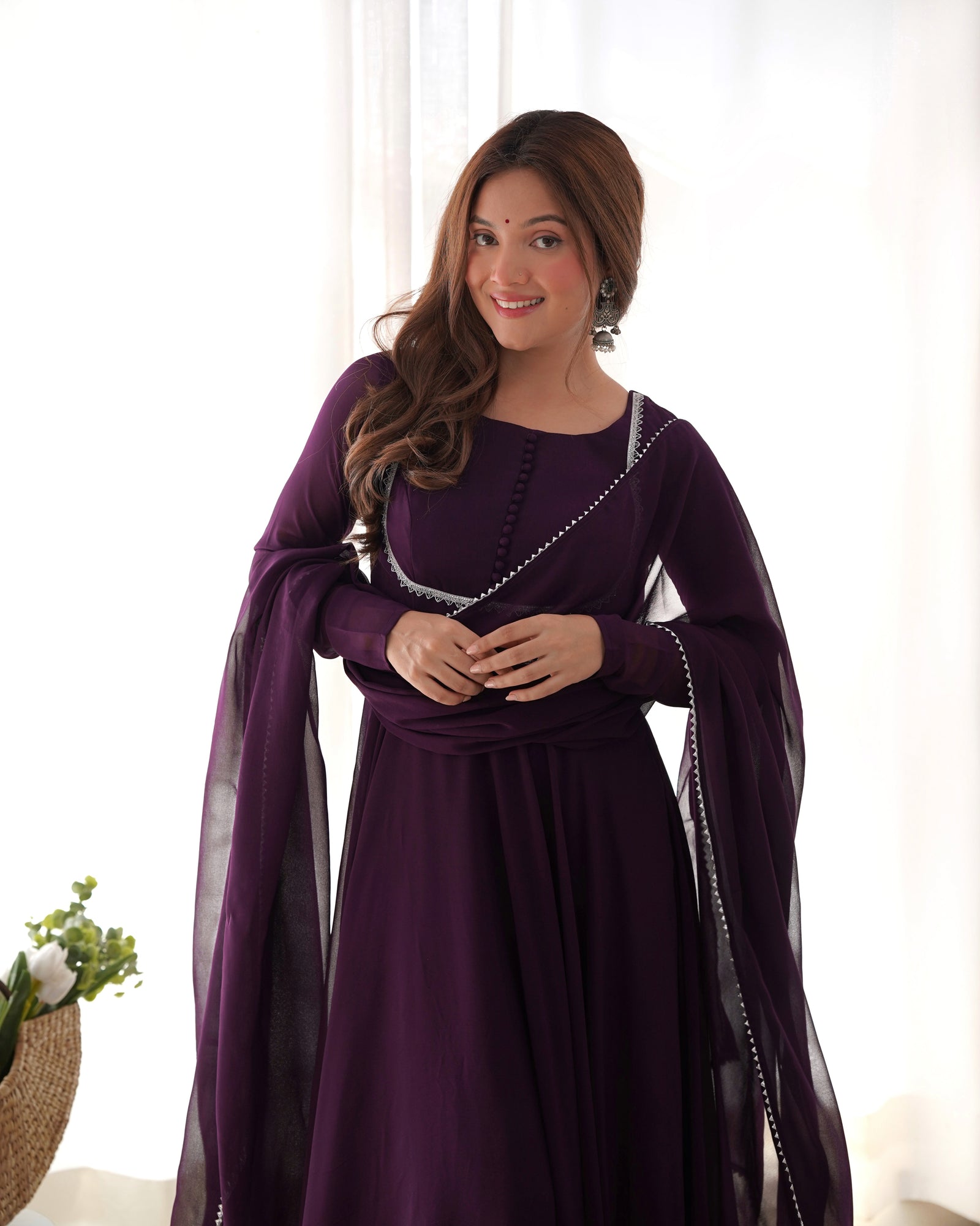 Dark Purple Elegant Georgette Anarkali Gown Set with Dupatta & Pants - Ready to Wear