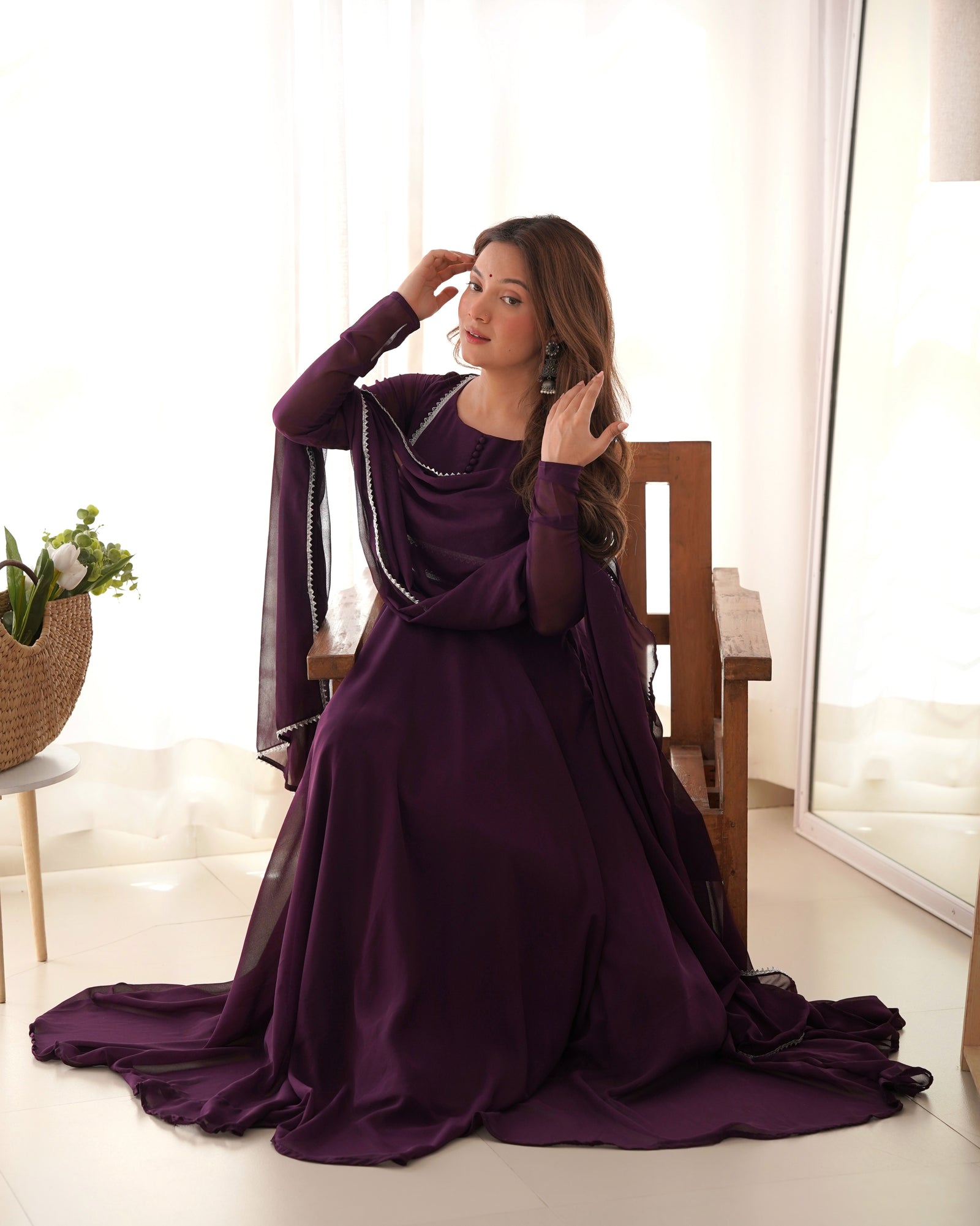 Dark Purple Elegant Georgette Anarkali Gown Set with Dupatta & Pants - Ready to Wear