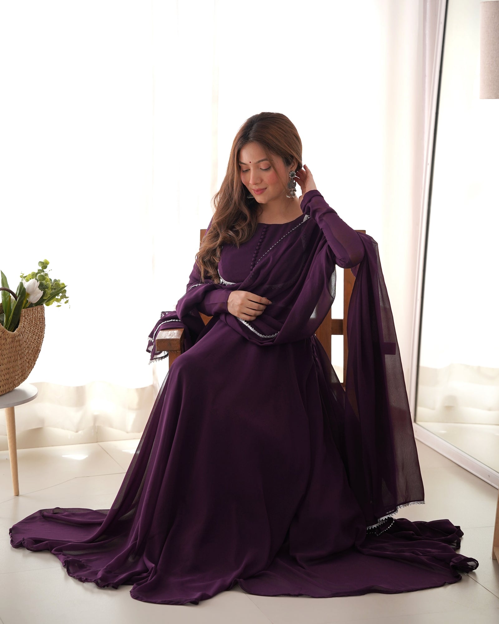 Dark Purple Elegant Georgette Anarkali Gown Set with Dupatta & Pants - Ready to Wear