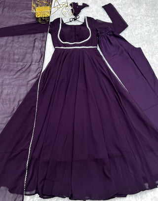Dark Purple Elegant Georgette Anarkali Gown Set with Dupatta & Pants - Ready to Wear