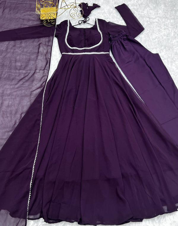 Dark Purple Elegant Georgette Anarkali Gown Set with Dupatta & Pants - Ready to Wear