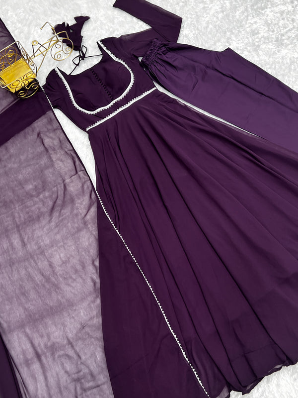 Dark Purple Elegant Georgette Anarkali Gown Set with Dupatta & Pants - Ready to Wear