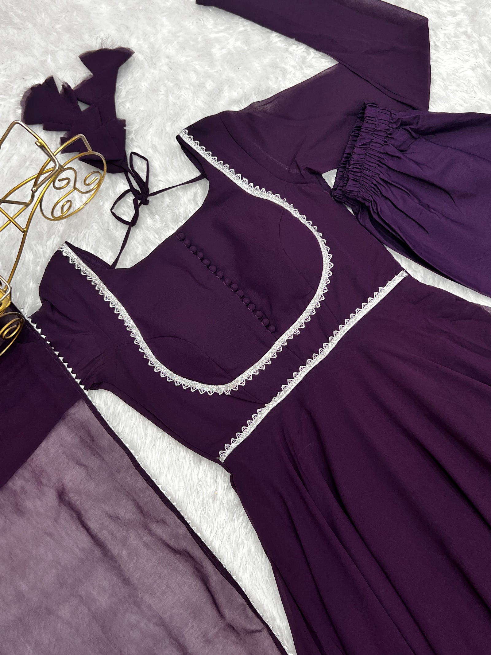 Dark Purple Elegant Georgette Anarkali Gown Set with Dupatta & Pants - Ready to Wear