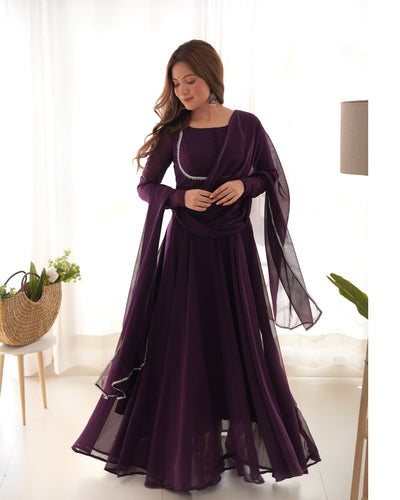 Dark Purple Elegant Georgette Anarkali Gown Set with Dupatta & Pants - Ready to Wear