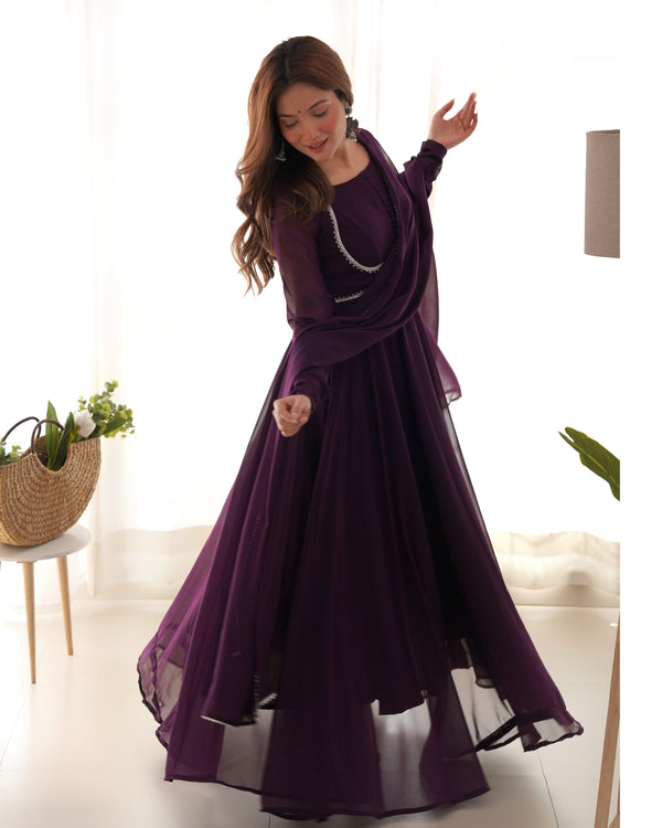 Dark Purple Elegant Georgette Anarkali Gown Set with Dupatta & Pants - Ready to Wear