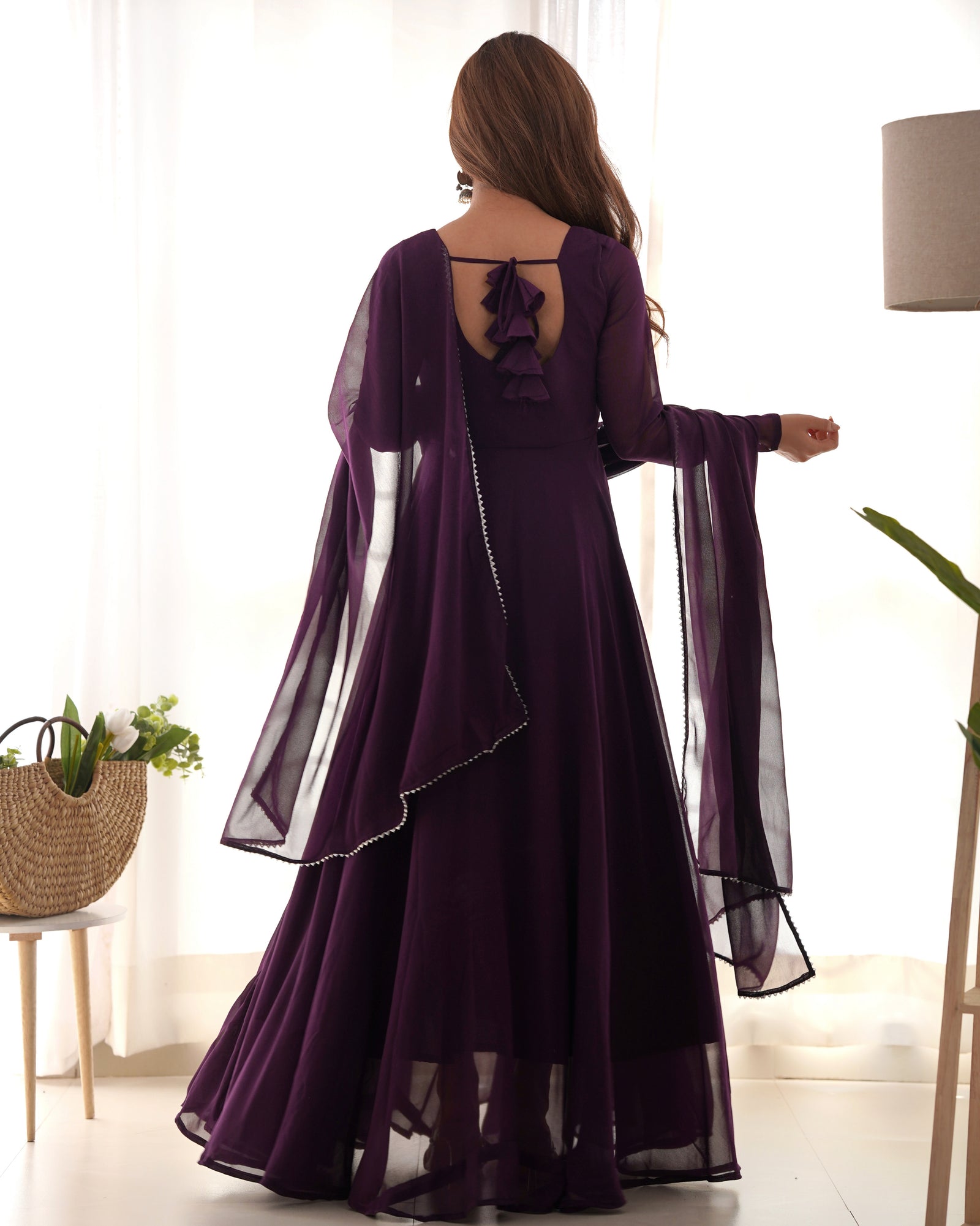 Dark Purple Elegant Georgette Anarkali Gown Set with Dupatta & Pants - Ready to Wear