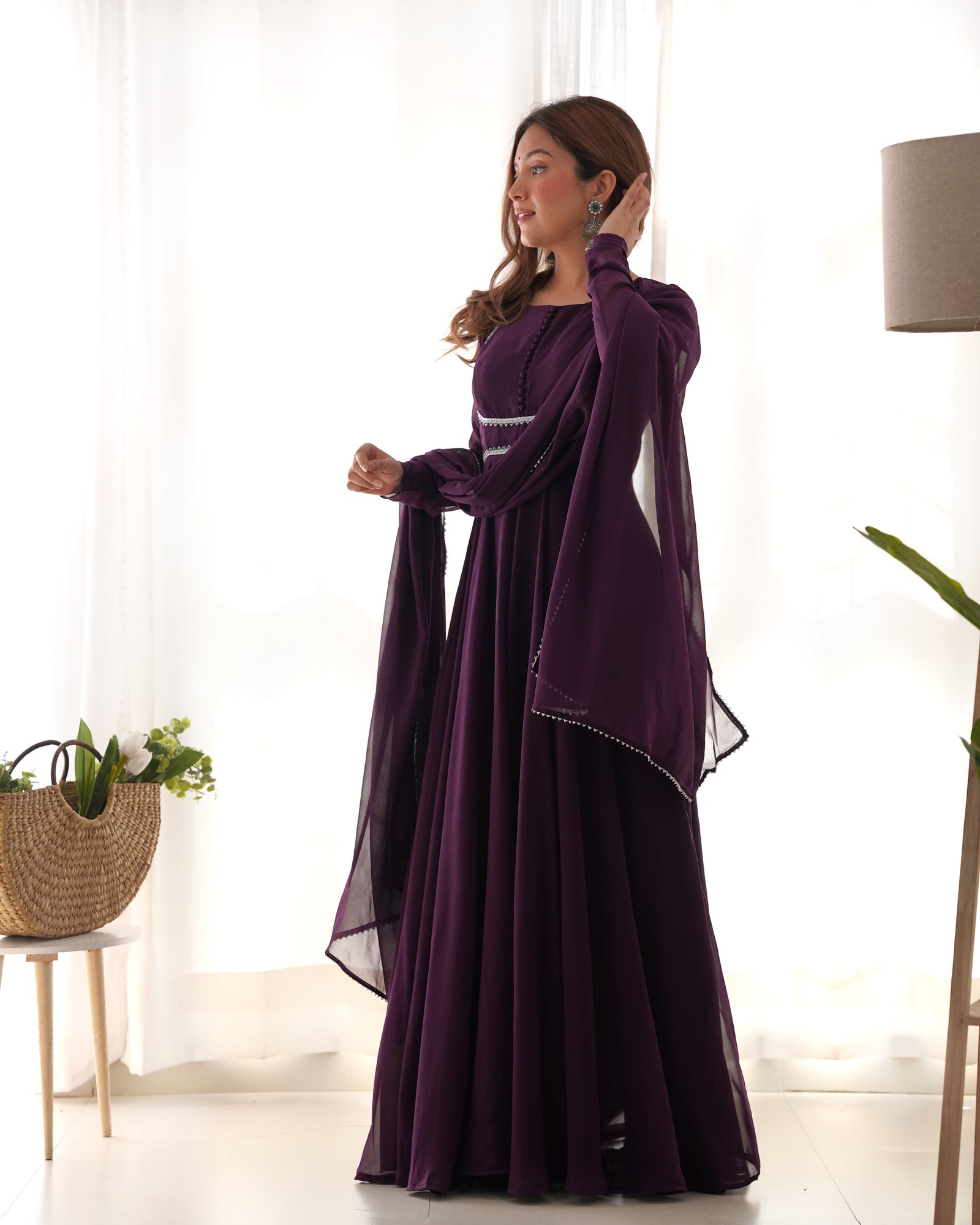 Dark Purple Elegant Georgette Anarkali Gown Set with Dupatta & Pants - Ready to Wear