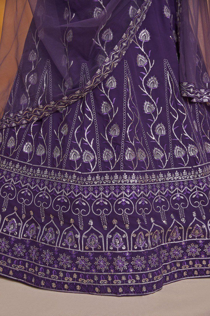 Purple Elegant Georgette Semi-Stitched Lehenga with Thread & Zari Sequins Embroidery, Unstitched Blouse, and Net Dupatta with Lace Border ClothsVilla