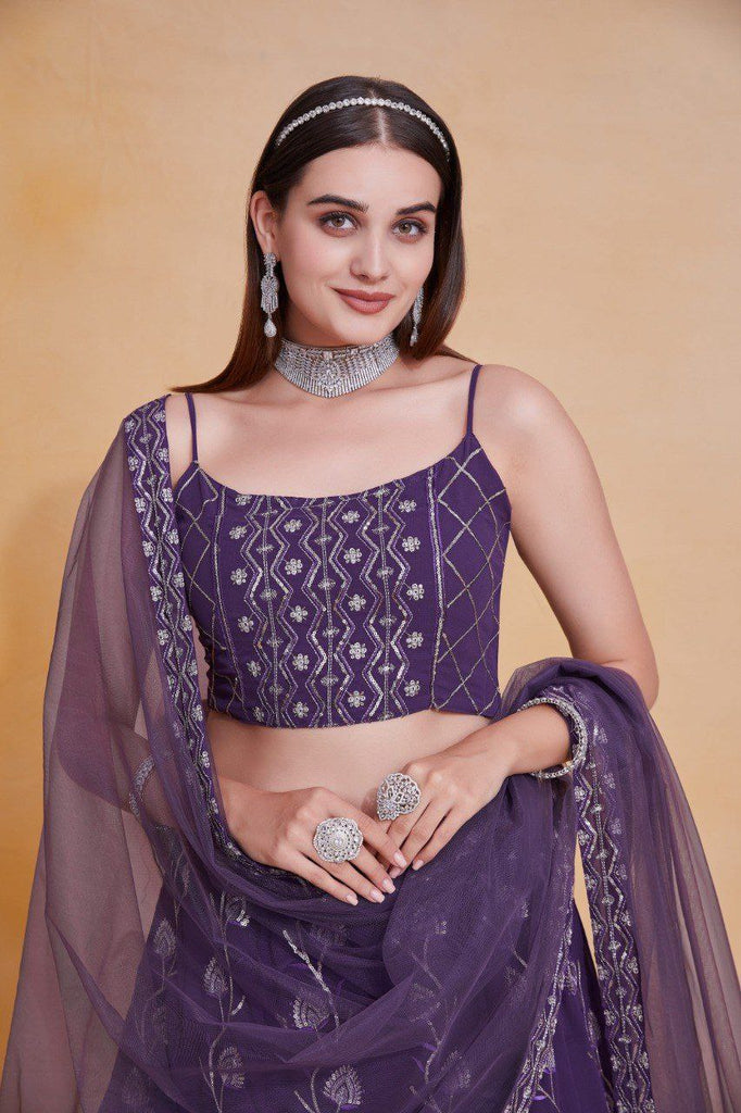 Purple Elegant Georgette Semi-Stitched Lehenga with Thread & Zari Sequins Embroidery, Unstitched Blouse, and Net Dupatta with Lace Border ClothsVilla