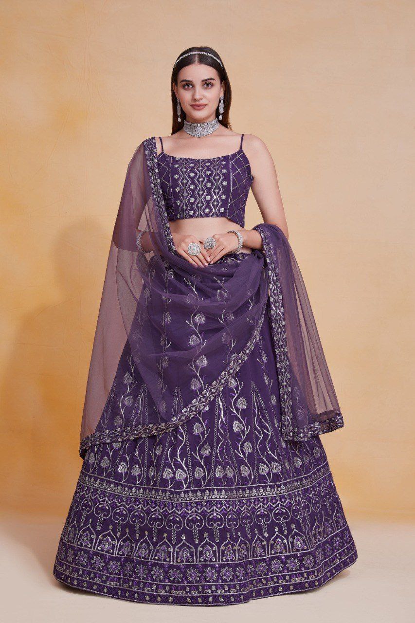 Purple Elegant Georgette Semi-Stitched Lehenga with Thread & Zari Sequins Embroidery, Unstitched Blouse, and Net Dupatta with Lace Border ClothsVilla Main image