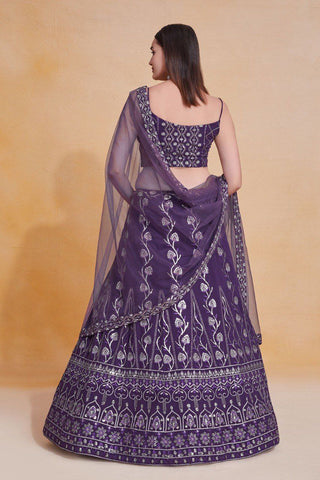 Purple Elegant Georgette Semi-Stitched Lehenga with Thread & Zari Sequins Embroidery, Unstitched Blouse, and Net Dupatta with Lace Border ClothsVilla