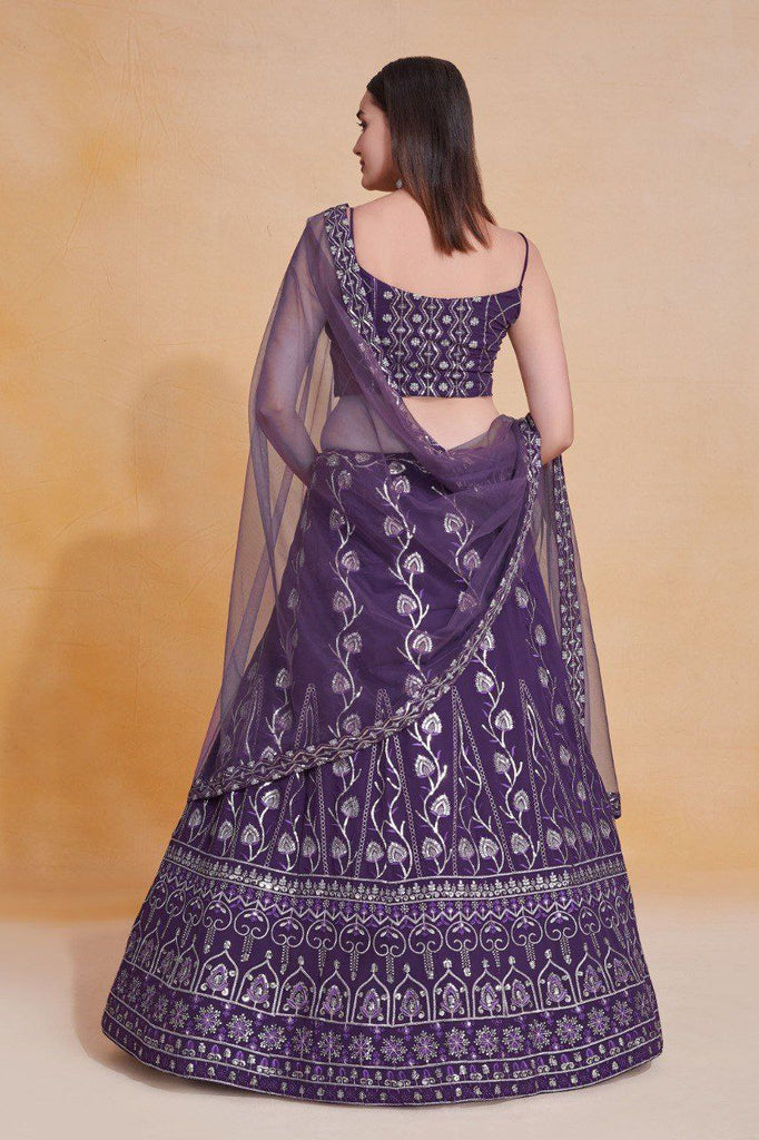 Purple Elegant Georgette Semi-Stitched Lehenga with Thread & Zari Sequins Embroidery, Unstitched Blouse, and Net Dupatta with Lace Border ClothsVilla