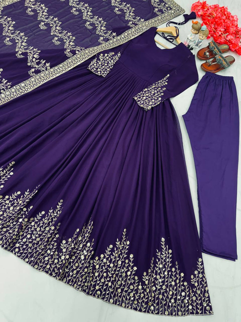 Dark Purple Elegant Party Wear Gown Set with Dupatta & Bottom - Heavy Faux Georgette Embroidered Ensemble Clothsvilla