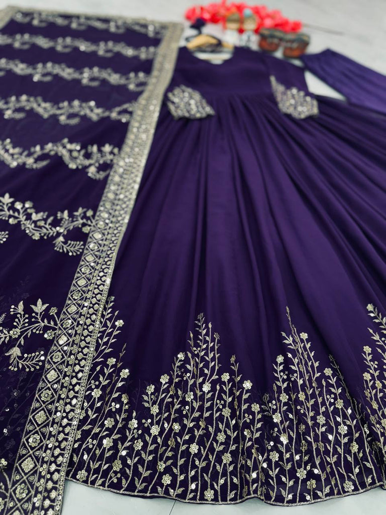 Dark Purple Elegant Party Wear Gown Set with Dupatta & Bottom - Heavy Faux Georgette Embroidered Ensemble Clothsvilla