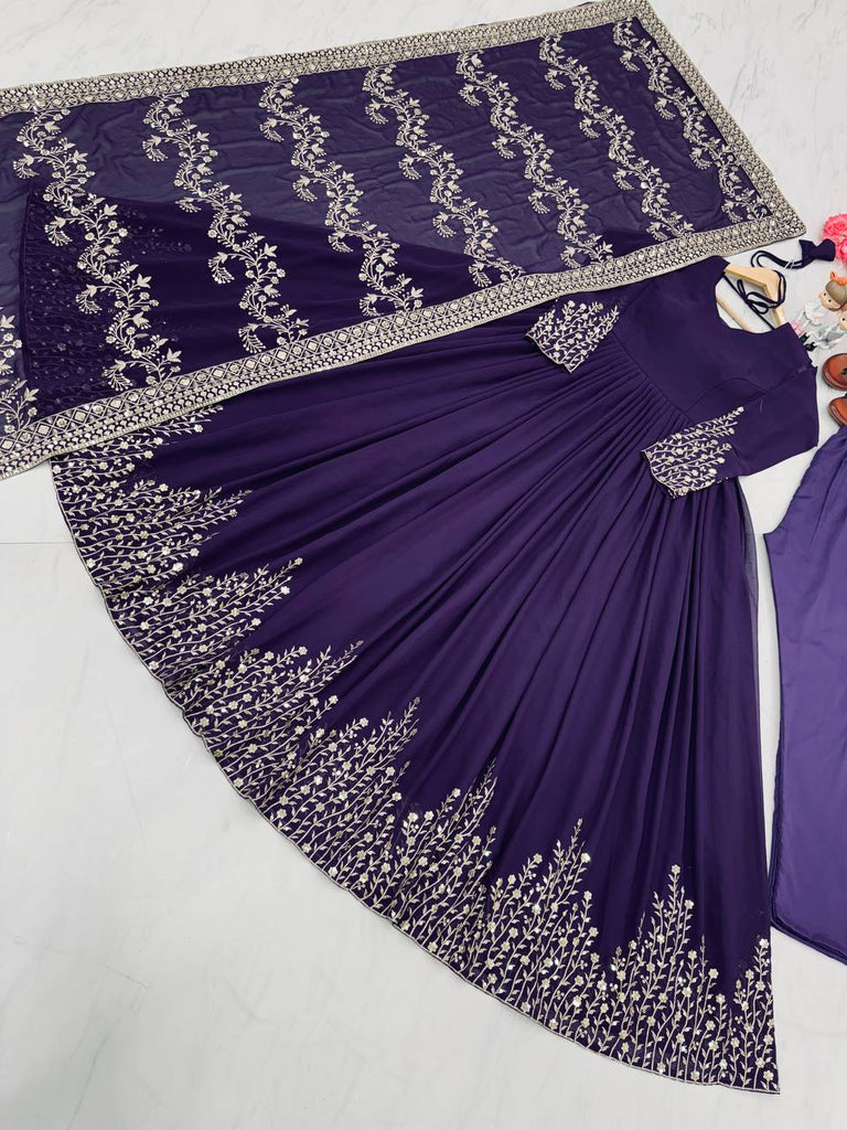 Dark Purple Elegant Party Wear Gown Set with Dupatta & Bottom - Heavy Faux Georgette Embroidered Ensemble Clothsvilla