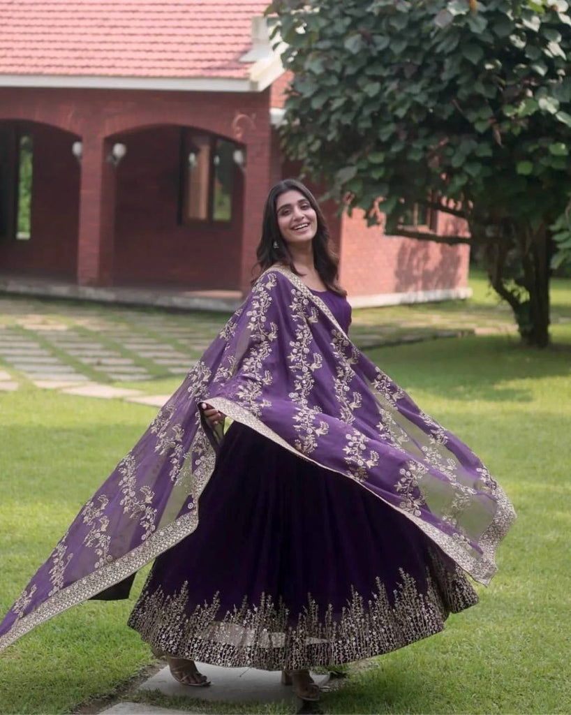 Dark Purple Elegant Party Wear Gown Set with Dupatta & Bottom - Heavy Faux Georgette Embroidered Ensemble Clothsvilla