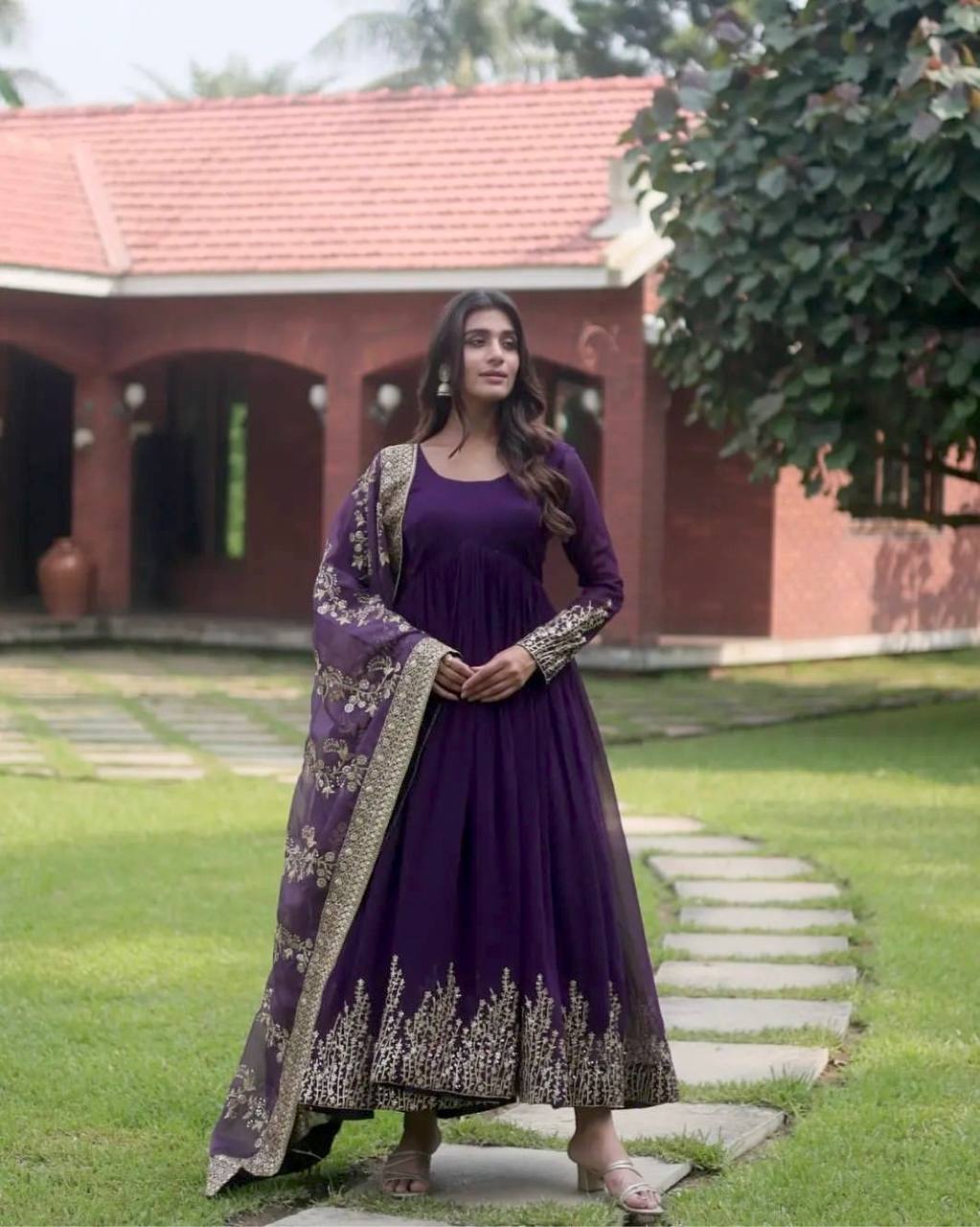 Dark Purple Elegant Party Wear Gown Set with Dupatta & Bottom - Heavy Faux Georgette Embroidered Ensemble Clothsvilla Main image