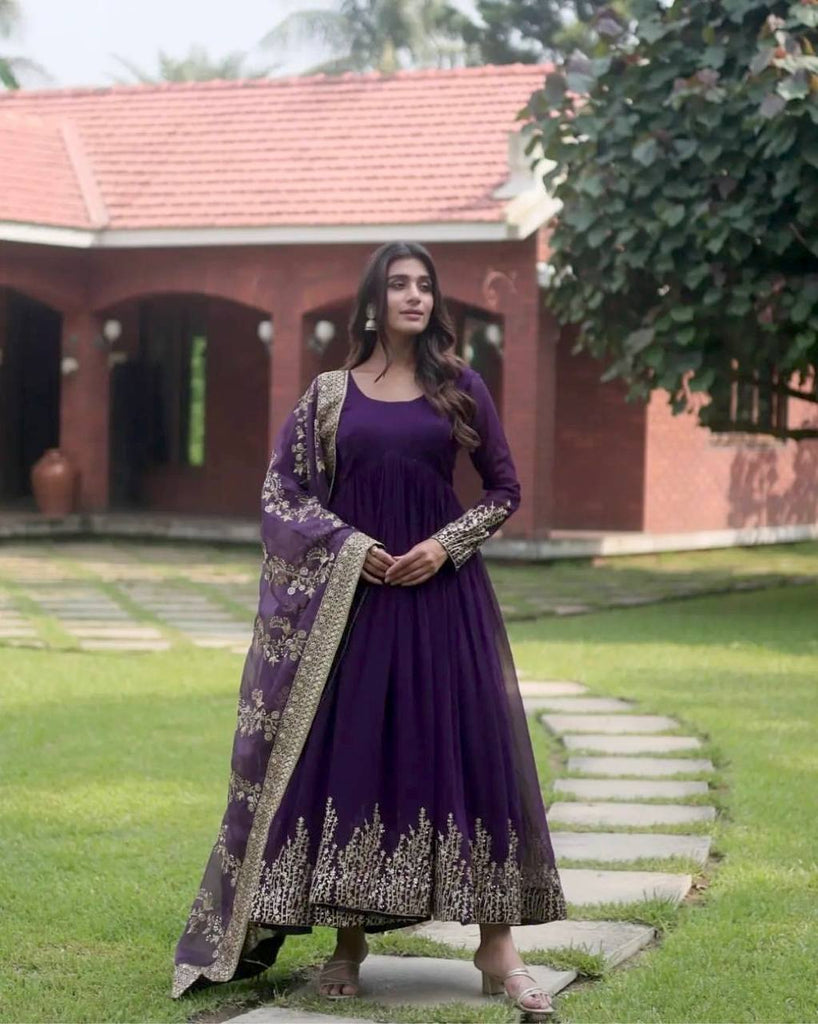 Dark Purple Elegant Party Wear Gown Set with Dupatta & Bottom - Heavy Faux Georgette Embroidered Ensemble Clothsvilla