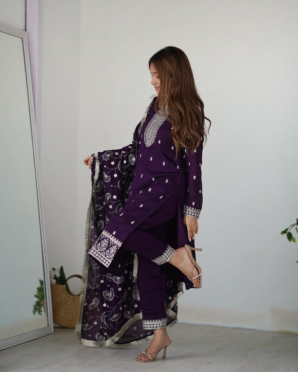 Dark Purple Elegant Pure Blooming Vichitra Silk Kurta with Dupatta Set & Trousers – Ready to Wear Clothsvilla