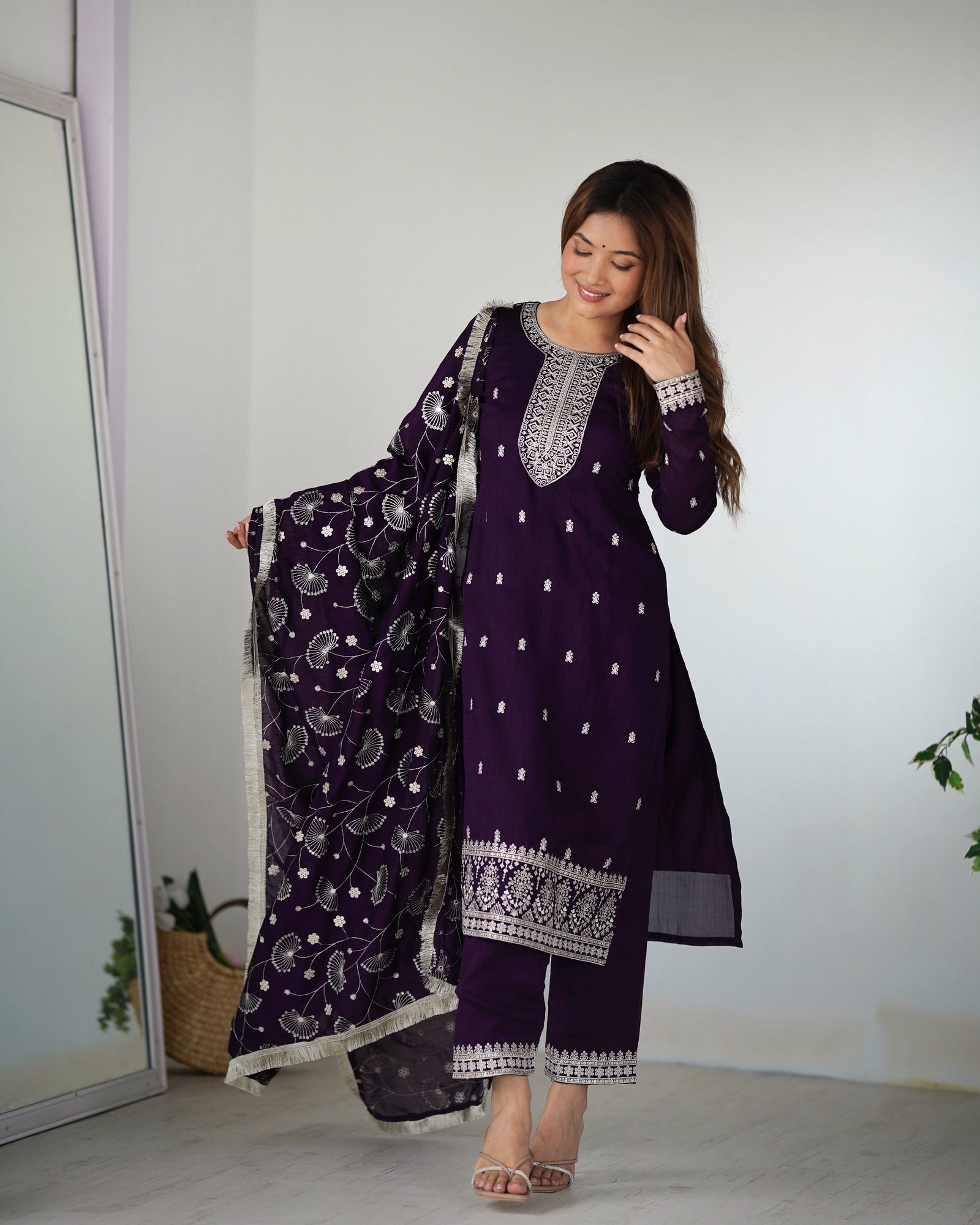 Dark Purple Elegant Pure Blooming Vichitra Silk Kurta with Dupatta Set & Trousers – Ready to Wear Clothsvilla