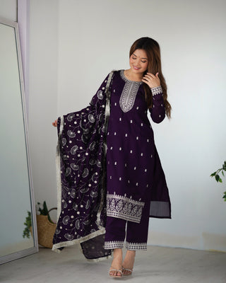 Dark Purple Elegant Pure Blooming Vichitra Silk Kurta with Dupatta Set & Trousers – Ready to Wear Clothsvilla