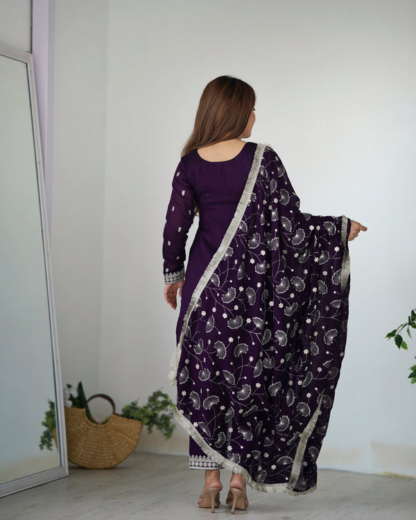 Dark Purple Elegant Pure Blooming Vichitra Silk Kurta with Dupatta Set & Trousers – Ready to Wear Clothsvilla