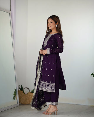 Dark Purple Elegant Pure Blooming Vichitra Silk Kurta with Dupatta Set & Trousers – Ready to Wear Clothsvilla