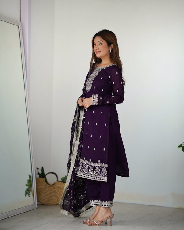 Dark Purple Elegant Pure Blooming Vichitra Silk Kurta with Dupatta Set & Trousers – Ready to Wear Clothsvilla