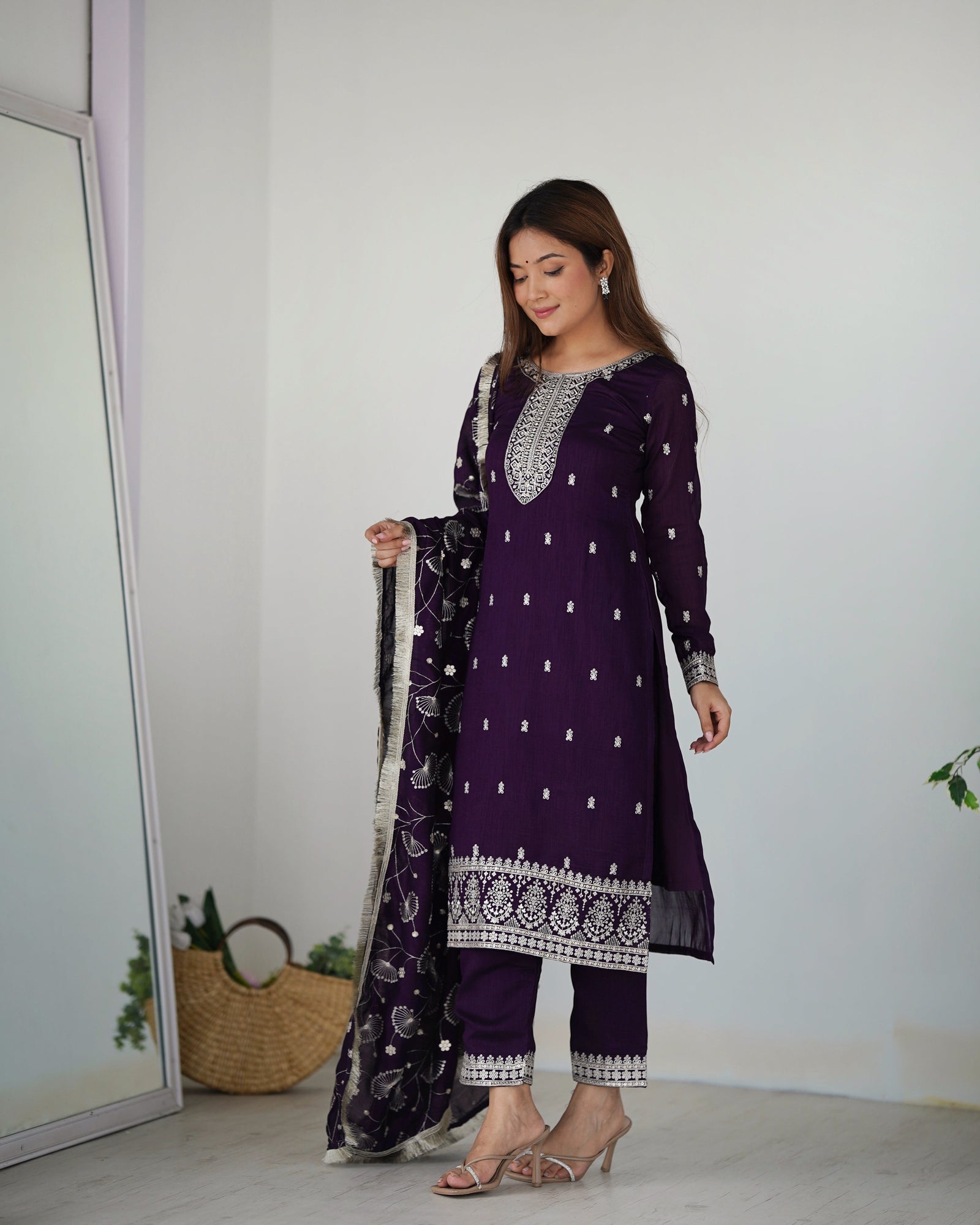 Dark Purple Elegant Pure Blooming Vichitra Silk Kurta with Dupatta Set & Trousers – Ready to Wear Clothsvilla