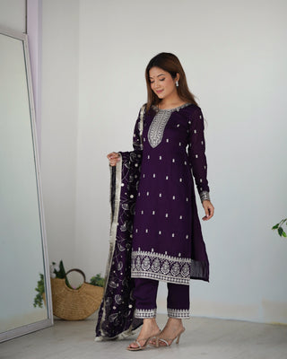 Dark Purple Elegant Pure Blooming Vichitra Silk Kurta with Dupatta Set & Trousers – Ready to Wear Clothsvilla