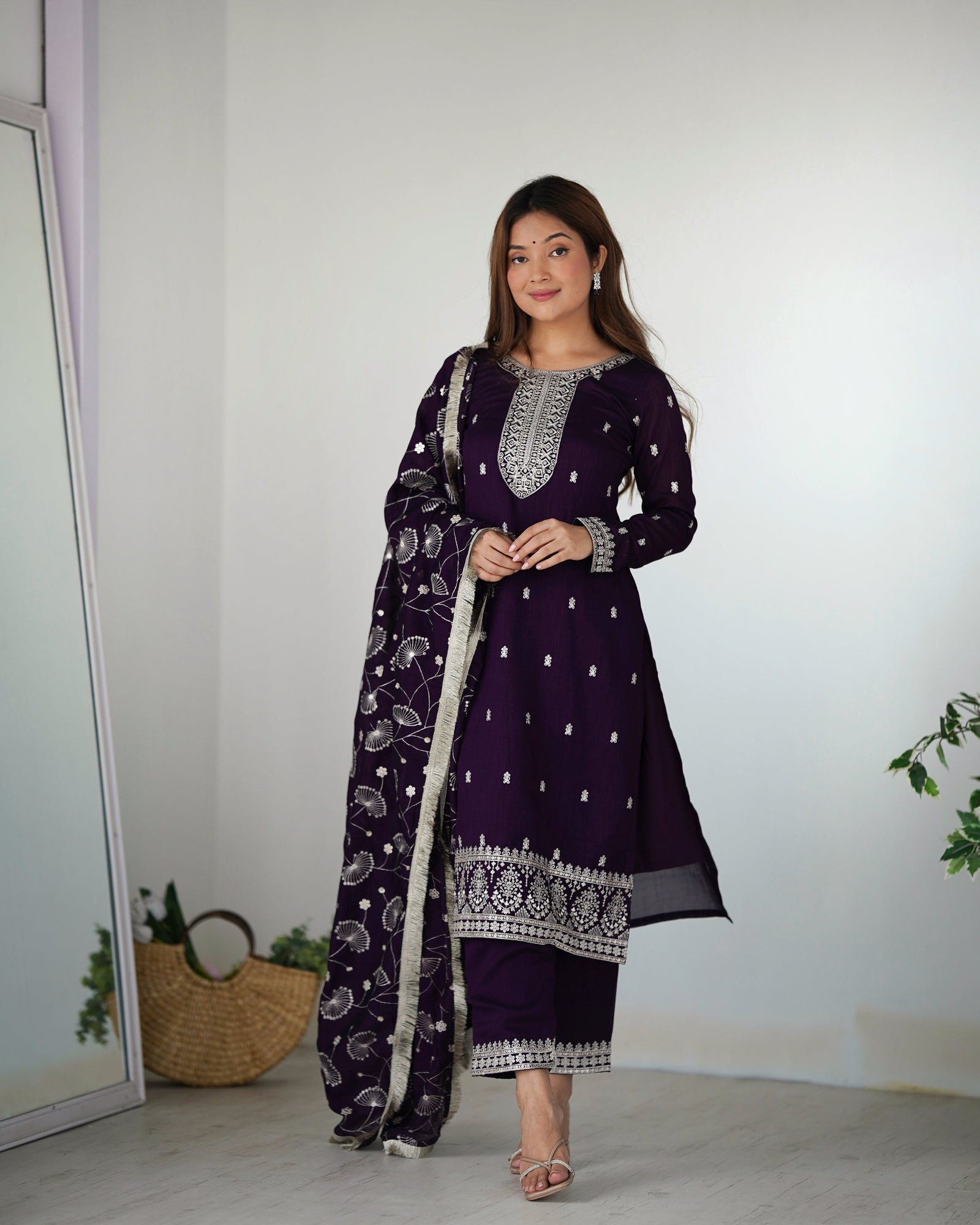 Dark Purple Elegant Pure Blooming Vichitra Silk Kurta with Dupatta Set & Trousers – Ready to Wear Clothsvilla