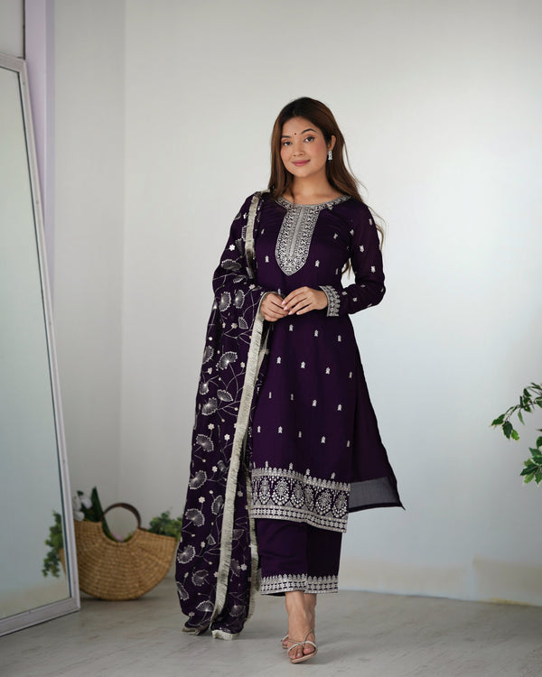 Dark Purple Elegant Pure Blooming Vichitra Silk Kurta with Dupatta Set & Trousers – Ready to Wear Clothsvilla