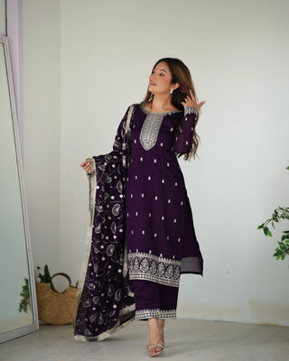 Dark Purple Elegant Pure Blooming Vichitra Silk Kurta with Dupatta Set & Trousers – Ready to Wear Clothsvilla