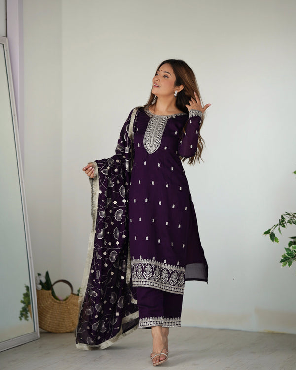 Dark Purple Elegant Pure Blooming Vichitra Silk Kurta with Dupatta Set & Trousers – Ready to Wear Clothsvilla