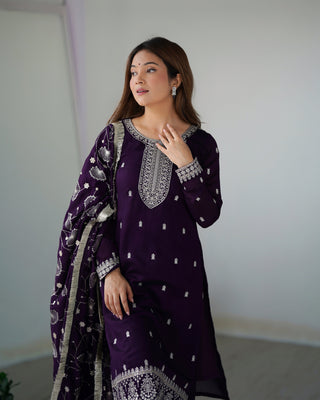 Dark Purple Elegant Pure Blooming Vichitra Silk Kurta with Dupatta Set & Trousers – Ready to Wear Clothsvilla