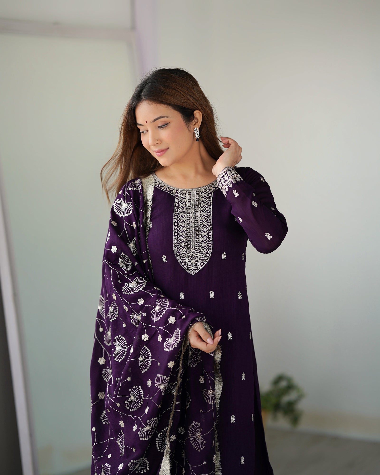 Dark Purple Elegant Pure Blooming Vichitra Silk Kurta with Dupatta Set & Trousers – Ready to Wear Clothsvilla