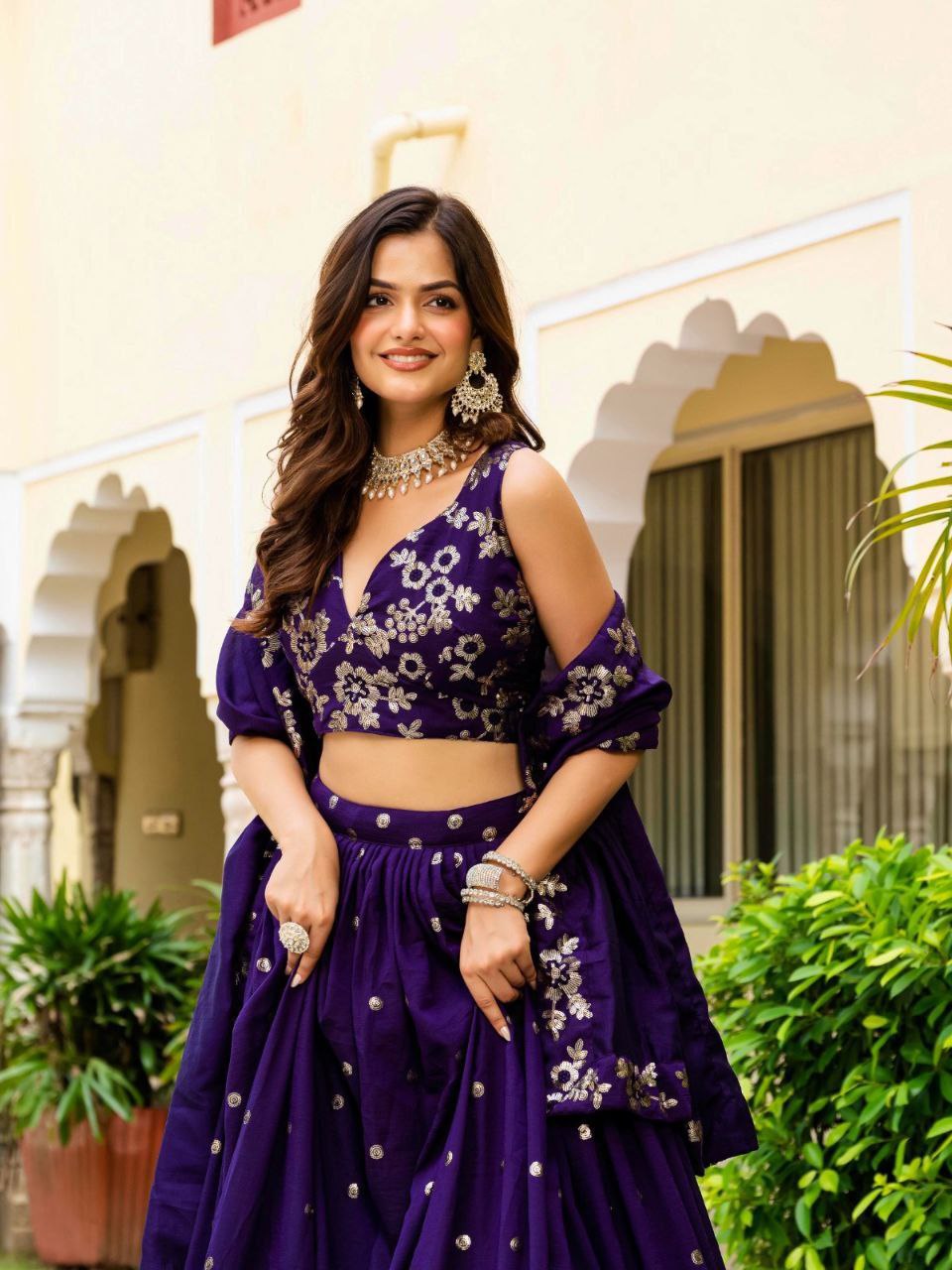 Dark Purple Elegant Vichitra Semi-Stitched Lehenga with Zari & Sequins Embroidery, Unstitched Blouse ClothsVilla