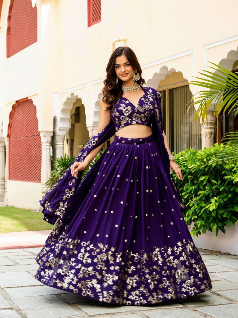 Dark Purple Elegant Vichitra Semi-Stitched Lehenga with Zari & Sequins Embroidery, Unstitched Blouse ClothsVilla
