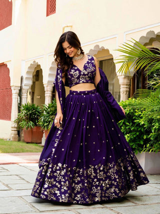 Dark Purple Elegant Vichitra Semi-Stitched Lehenga with Zari & Sequins Embroidery, Unstitched Blouse ClothsVilla