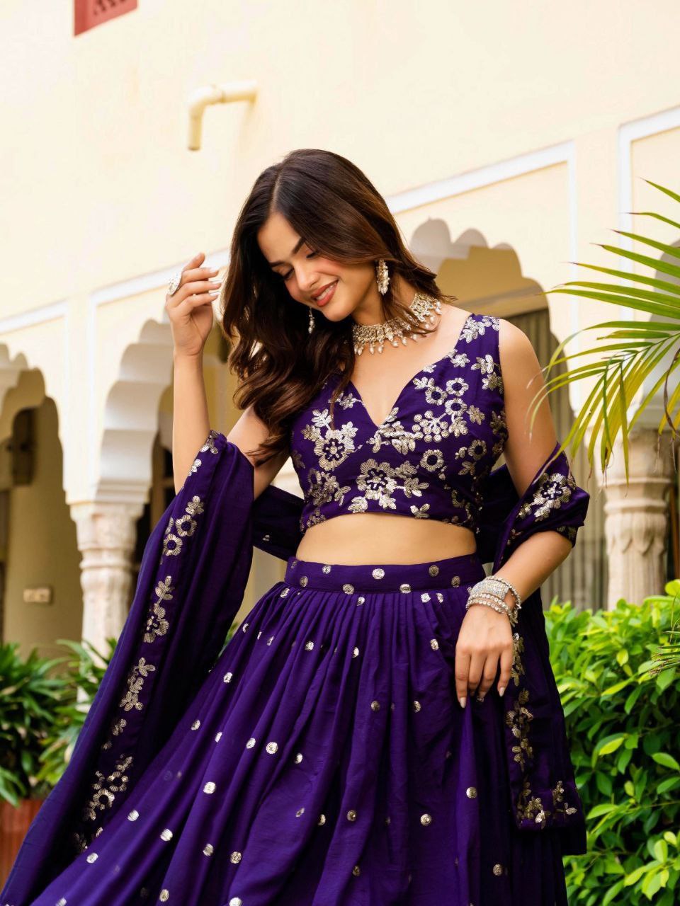 Dark Purple Elegant Vichitra Semi-Stitched Lehenga with Zari & Sequins Embroidery, Unstitched Blouse ClothsVilla
